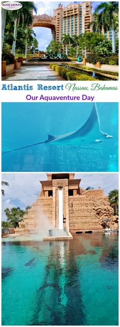 the atlantic resort and aquarium is shown in two different photos, one with water coming out from