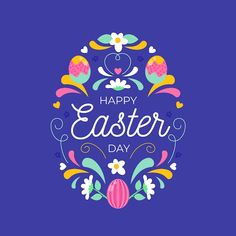 the happy easter day greeting card with colorful flowers and an egg on it's side