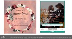 an image of two wedding cards with flowers and the words, show us some love review us