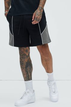 Available In Black/combo and Heather Grey Elastic Waist Drawstring Stripe Detail Side Pockets 60% Cotton, 40% Polyester Imported | Mens Tyson Pick Me Up Relaxed Shorts in Black size Medium by Fashion Nova Search By Photo, Outfits Hombre, Michigan Wolverines, Cute Shorts, Sport Shorts, Swim Shorts, Mens Shorts, Everyday Essentials Products, Fashion Nova