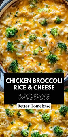 chicken broccoli rice and cheese casserole in a pan with text overlay