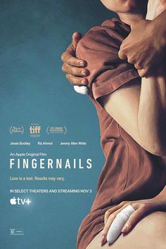 the poster for fingernails shows a woman in a brown dress with her hand on her shoulder