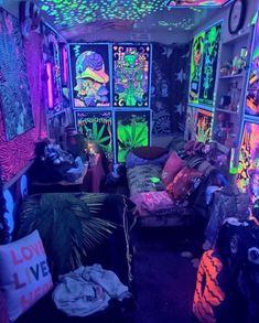 a room filled with lots of neon lights and decorations on the walls, all over