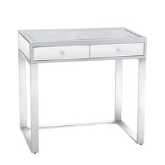 a white desk with two drawers and chrome legs on an isolated white background for use as a side table