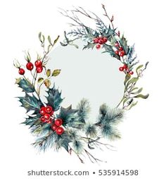 watercolor christmas wreath with holly and berries