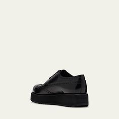 Prada "New Opposite" creeper derby shoes in calf leather with wingtip brogue detailing Platform heel Round toe Lace-up vamp Debossed heel logo Rubber outsole Made in Italy Travel Size Perfume, Evening Flats, Loafer Mules, Platform Heel, Prada Men, Derby Shoes, Pump Sandals, Shoe Sale, Manolo Blahnik