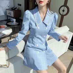 Blue Girl Aesthetic, Cute Long Sleeve Dresses, Blue Korean, Young Outfit, Cute Korean Fashion, Bridesmaid Dresses Long Chiffon, Classy Outfit Ideas, Blue Girl