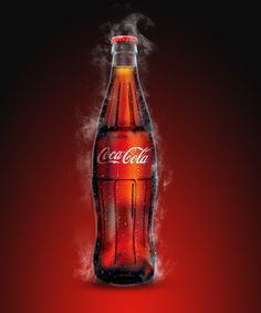 a coca cola bottle with steam coming out of it on a red and black background