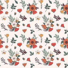 an orange and white flower pattern on a light pink background with green leaves and flowers