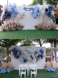 an outdoor event with blue and white flowers on the front, and in the back