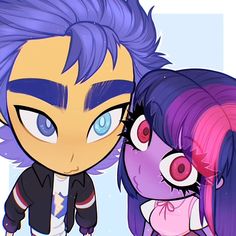 two cartoon characters one with purple hair and the other with blue eyes, standing next to each other