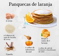 pancakes with orange slices, sugar and cinnamons on a white plate next to an egg