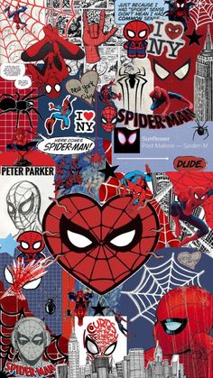 spiderman collage with various stickers on it