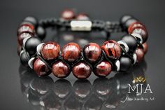 "You can visit the site to see other designs www.etsy.com/shop/minejewelleryart Chakra Bracelet Red Tiger's Eye Bracelet Double Row Bracelet Black Onyx Bracelet Macrame Bracelet Adjustable Bracelet Protection Bracelet Crystal Bracelet Women's Size: 6\" - 7.5\" ( 15.2 cm -19.1 cm ) Men's Size:      7\"-8.5\"  ( 17.8 cm - 21.6 cm ) Made of an iron silver bead, 8 mm natural red tiger eye beads, 8 mm natural black onyx beads, 6 mm silver hematite stone, black nylon cord, at the ends I used 8 mm red tiger eye stone beads. - The bracelet is adjustable The products are custom made and done of their kind. They can be differentiated at the minimum level from the photographs (in coloring, patterns, brightness, etc.) Red Tiger Eye Red Tiger Eye promotes inner peace, and calmness while vitalizing cour Onyx Beaded Bracelets As Gift, Obsidian Beaded Bracelets As Gift, Obsidian Beaded Jewelry As Gift, Round Onyx Beaded Bracelets As Gift, Red Beaded Bracelets With Natural Stones As Gift, Onyx Beaded Bracelets Gift, Onyx Bracelets With Natural Stones As Gifts, Handmade Onyx Beaded Bracelet As Gift, Handmade Onyx Beaded Bracelets For Spiritual Purposes