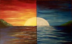 two paintings depicting the same sunset and water