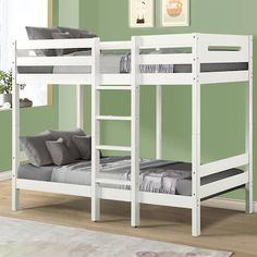 A charming and versatile addition to any children's room or guest space, offering both style and practicality. Crafted with durability and safety in mind, the Esin Twin/Twin Bunk Bed is constructed from sturdy materials and features a crisp white finish that brightens up any room. Its timeless design seamlessly blends with various decor styles, making it a perfect choice for both boys' and girls' bedrooms. With its space-saving design, this bunk bed provides 2-sleeping areas without taking up ex Wooden Bunk Bed, Kids Bed Design, Bed With Ladder, Wooden Bunk Beds, Wood Bunk Beds, Twin Bunk Bed, Bed Dimensions, Twin Bunk Beds, Kid's Bedroom