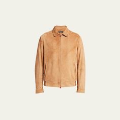 Kiton bomber jacket in suede  Spread collar; two-way zip-front Long sleeves with button cuffs Side pockets  Classic fit Elasticated hem  Leather Made in Italy Men Suede, Bergdorf Goodman, Bomber Jacket, Tops Designs, In Italy, Long Sleeves, Italy, Luxury Fashion, Collar