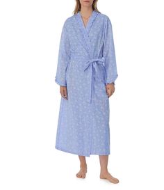 From Eileen West&#x2C; this robe features:Floral printCotton chambray fabricationShawl collar with baby rufflesLong sleevesTwo in-seam pocketsBelt tie closureApprox. 52" lengthCottonMachine wash cold/tumble dry lowImported. Fitted Robe For Spring Daywear, Fitted Spring Daywear Robe, Spring Cotton Robe For Daywear, Spring Cotton Daywear Robe, Fitted Cotton Robe For Daywear, Fitted Robe For Home, Eileen West, Ruffle Long Sleeve, Pajama Robe