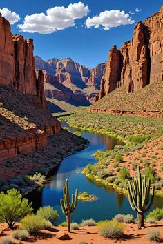 a river surrounded by mountains and cactus trees in the middle of desert land with blue water