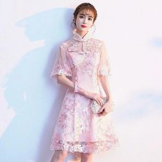 Lady Sexy Chinese Style Lace Cheongsam Dress Summer Short Gown Retro Qipao