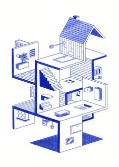 an architectural drawing of a house with stairs and living room in the top floor area