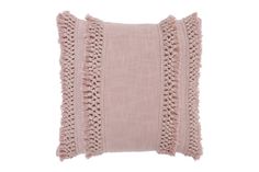 a pink pillow with fringe trims on the front and back of it, against a white background