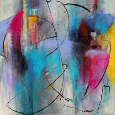 an abstract painting with blue, pink and yellow colors