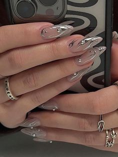 Silver  Collar   Plants Color Nails Embellished   Nail,Hand & Foot Care Tato Grunge, Paznokcie Hello Kitty, Chrome Nails Designs, Purple Nail, Blue Nail, Silver Nails, Stick On Nails, Nailed It, روتين العناية بالبشرة