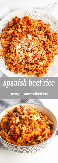 spanish beef rice is served in a white bowl