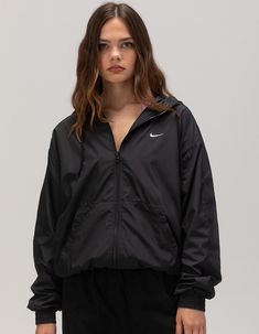 Nike Sportswear Essential Jacket. With A Classic Sport Look And A Lightweight Feel, This Jacket Is Ready For Whatever The Day Throws At You. Dropped Shoulders And An Oversized Fit Gives You A Casual Feel That You Can Rock All Day. Uv-Resistant Fabric Helps Protect You From The Sun. Pockets Provide Quick Storage For Keys, Phone And Cold Hands. Embroidered Swoosh Logo. This Product Provides Uva And Uvb Protection From The Sun Only In The Areas Covered By The Garment. 100% Polyester. Machine Wash. Imported.model Is Wearing A Size Small. Model Measurements:height: 5'8" Bust: 31"waist: 23.5"hips: 34.5" Nike Jacket Women Outfit, Nike Jacket Women, Womens Sweat Shorts, Wwe T Shirts, Flannel Sweatshirt, Chic Summer Style, Jacket Nike, Womens Wide Leg Pants, Gift Inspo