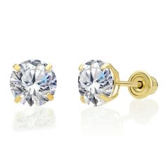 Genuine 10K Yellow Gold CZ stud earrings with Comfortable gold screw-backs. Forget about the cheap earrings that tarnish in less than a month, these gold CZ stud earrings are guaranteed to never tarnish! Gold is a metal that does not tarnish and that can be worn anywhere including in the shower, pool or anywhere there may be moisture. Also great for sensitive ears that can only wear REAL gold. The smaller sizes are great for kids (3mm to 5mm) to wear as a primary earring and great for adults to Real Gold Stud Earrings, Multiple Earrings, Cheap Earrings, Yellow Gold Solitaire, Gold Jewelry Earrings, Cz Stud Earrings, Earrings Women, Everyday Earrings, Sensitive Ears