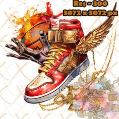 a pair of sneakers with chains on them and an eagle holding a basketball in the air