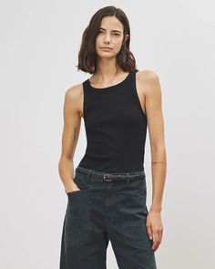 Slim ribbed knit tank. Rib binding at neck and arm hole. Made in USA #nililotan #AD Cold Wear, Black And Blonde, Lightweight Pants, Nili Lotan, Casual Winter Outfits, Tunic Shirt, Embroidered Top, Ribbed Fabric, Women's Tops