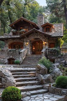 a stone house with steps leading up to it