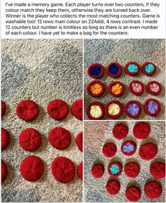 crocheted red and blue buttons are shown in four different pictures, including one for each button