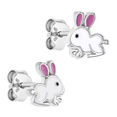 Enchant your sweet girl's day with these 925 sterling silver bunny stud earrings that are almost as delightful as she is. This fun design features an adorable white and pink enamel bunny on each stud, she will love wearing them. Because they are crafted with the best material, they will not lose their shine and she will have them in her collection for many years. They are great for birthdays or just because gifts, stylish and safe for her sensitive ears. Pick up a pair for that special girl you Hypoallergenic White Earrings For Birthday, White Sterling Silver Earrings For Birthday, Easter Jewelry Gift For Pierced Ears, Easter Gift Jewelry For Pierced Ears, Whimsical Silver Earrings For Birthday, Playful Sterling Silver Earrings, Hopping Bunny, Kids Necklace, Special Girl