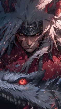 an anime character with white hair and red eyes, holding a wolf's head