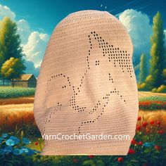 a crocheted face is shown in front of a field