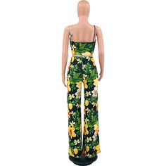 Floral Tie Front Crop Top Wide Leg Pants Beach Outfits Summer Beach Pants With Floral Print, Casual Printed Pants For Vacation, Vacation Wide Leg Jumpsuits With Elastic Waistband, Printed Pants For Beach Vacation, Tropical Printed Pants For Vacation, Vacation Wide-leg Jumpsuits With Elastic Waistband, Vacation Wide Leg Printed Pants, Green Printed Pants For Vacation, Tropical Printed Summer Pants