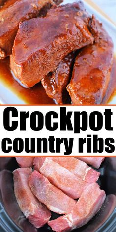 crockpot country ribs in an air fryer with text overlay that reads crockpot country ribs