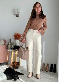 7 Ways to Wear Ivory Jeans for Fall - Sydne Style Ivory Pants Outfit, Off White Jeans Outfit, White Jeans For Fall, Cream Pants Outfit, Neutral Jeans