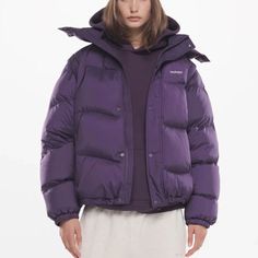 Madhappy Hooded Cozy Puffer Down Jacket Purple Unisex Large New Cozy Puffer Jacket. 100% Polyester Body. 90% Down, 10% Feather Fill. Removable Hood & Sleeves. Adjustable Bungee Drawcord Hem & Hood. Front Zip Unisex Out Of Stock Online Water Resistant Super Warm Purple Puffer Jacket Outfit, Puffer Jacket Aesthetic, Winter Jacket Outfits, Puffer Jacket Outfit, Coat Trends, Purple Jacket, Compression Pants, Purple Fashion, Puffer Coat