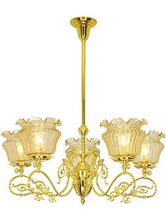 a gold chandelier with five lights hanging from it