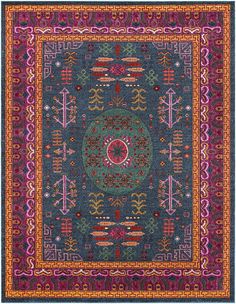 a colorful rug with an intricate design on the center and bottom, surrounded by other decorative elements