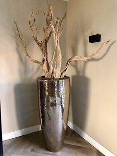 a metal vase with branches in it on the floor next to a wall and door