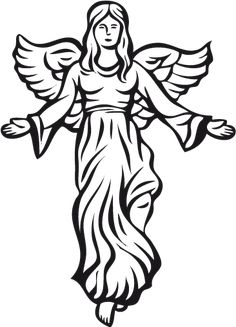 an angel with outstretched arms and wings in black and white, on a white background