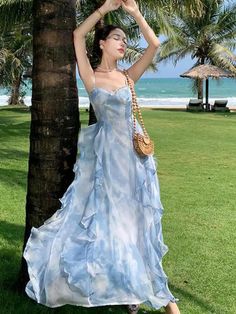 TAVIMART Summer Elegant Sleeveless Backless A-line Slip Dress Retro Blue Tie Dye Slim Ruffles Irregular Party Long Dresses For Women Measurement In CM Size Chest Waist Length S 80 66 125 M 84 70 126 L 88 74 127 Measurement In Inch Size Chest Waist Length S 31.5 26.0 49.2 M 33.1 27.6 49.6 L 34.6 29.1 50.0 Retro Party Dress, French Dresses, Party Dress Summer, Blue Flower Print, Backless Midi Dress, Summer Elegant, Ruffle Midi Dress, Dress Retro, Retro Blue