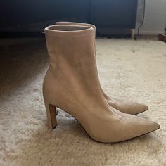 Excellent Condition Besides The Minor Wear Shown. Worn Twice Beige Medium Width Booties For Fall, Taupe Ankle-high Boots With Medium Width, Taupe Ankle-high Boots Medium Width, Beige Booties With Reinforced Heel For Fall, Winter Beige Pointed Toe Booties, Fall Beige Booties With Reinforced Heel, Beige Almond Toe Heels For Fall, Beige Fitted Pointed Toe Booties, Fitted Beige Booties With Pointed Toe