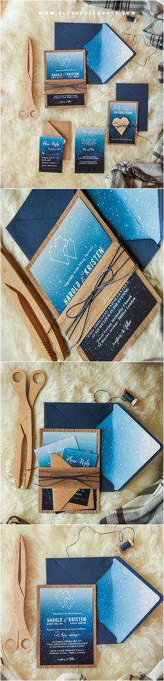 the steps to making a wedding stationery with wood and blue paper on it, including scissors