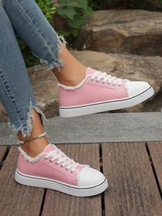 Style:Sporty \nColor:Pink \nToe:Round Toe \nPattern Type:Colorblock \nStrap Type:Lace Up \nSize Fit:True To Size \nUpper Material:Denim \nLining Material:Polyester \nPower Supply:None \n Lace-up Cotton Canvas Shoes, Pink Fabric Sneakers With Round Toe, Pink Low-top Fabric Sneakers, Pink Fabric Sneakers For Spring, Trendy Fabric Canvas Shoes, Women Casual Shoes, Casual Sneakers Women, Style Preppy, Lacing Sneakers